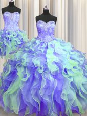Low Price Three Piece Multi-color Ball Gowns Sweetheart Sleeveless Organza Floor Length Lace Up Beading and Appliques and Ruffles Sweet 16 Quinceanera Dress