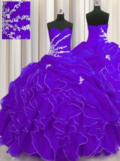 Purple Ball Gowns Beading and Appliques and Ruffles Sweet 16 Dress Lace Up Organza Sleeveless Floor Length