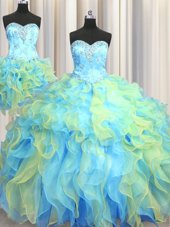Hot Sale Three Piece Floor Length Multi-color Quinceanera Dress Organza Sleeveless Beading and Appliques and Ruffles