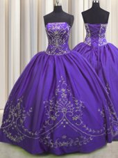 Noble Embroidery Ball Gowns Quinceanera Dresses Purple Strapless Taffeta Sleeveless Floor Length Lace Up