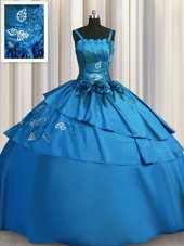 Teal Ball Gowns Spaghetti Straps Sleeveless Satin Floor Length Lace Up Beading and Embroidery 15 Quinceanera Dress