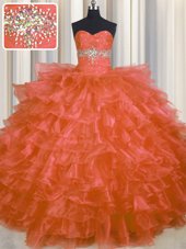 Orange Red Sleeveless Floor Length Beading and Ruffled Layers Lace Up Quinceanera Dress