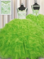 Dynamic Yellow Green Ball Gowns Beading and Ruffles 15 Quinceanera Dress Lace Up Organza Sleeveless Floor Length