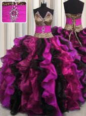 Leopard V-neck Sleeveless Lace Up Sweet 16 Quinceanera Dress Multi-color Organza