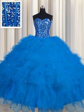 Fine Visible Boning Floor Length Ball Gowns Sleeveless Blue Sweet 16 Dress Lace Up