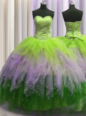 Visible Boning Multi-color Sweetheart Neckline Beading and Ruffles and Sequins Vestidos de Quinceanera Sleeveless Lace Up