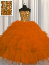 Visible Boning Rust Red Ball Gowns Beading and Ruffles and Sequins Sweet 16 Dresses Lace Up Tulle Sleeveless Floor Length