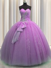Fantastic Sleeveless Floor Length Beading and Sequins and Bowknot Lace Up Quince Ball Gowns with Lilac