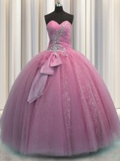 Rose Pink Lace Up 15th Birthday Dress Beading and Sequins and Bowknot Sleeveless Floor Length