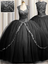 Zipple Up Ball Gowns Cap Sleeves Black Ball Gown Prom Dress Brush Train Zipper