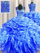 Best Zipper Up See Through Back Blue Straps Neckline Beading and Ruffles and Pick Ups Ball Gown Prom Dress Sleeveless Zipper