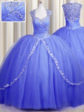 Zipper Up Brush Train Ball Gowns Sweet 16 Dress Blue Sweetheart Tulle Cap Sleeves With Train Zipper