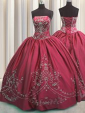 Coral Red Strapless Neckline Beading and Embroidery Quinceanera Gown Sleeveless Lace Up