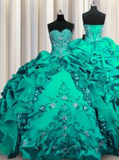 Smart Sequins Dark Green Sleeveless Beading and Embroidery and Ruffles and Pick Ups Floor Length Sweet 16 Dresses
