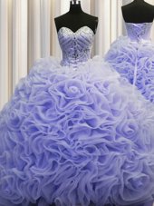 Custom Fit Rolling Flowers Brush Train Lavender Sweetheart Neckline Beading and Pick Ups Vestidos de Quinceanera Sleeveless Lace Up