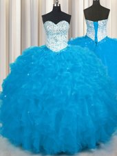 Fitting Sweetheart Sleeveless Lace Up 15th Birthday Dress Baby Blue Tulle
