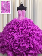 Enchanting Visible Boning Sweetheart Sleeveless Lace Up Quinceanera Dresses Fuchsia Organza