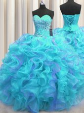 High End Multi-color Lace Up Sweetheart Beading and Ruffles Sweet 16 Dresses Organza Sleeveless