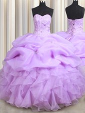 Visible Boning Lilac Ball Gowns Organza Sweetheart Sleeveless Beading and Ruffles and Pick Ups Floor Length Lace Up 15th Birthday Dress