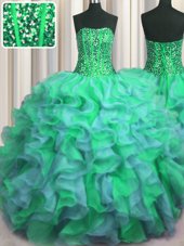 Visible Boning Beaded Bodice Organza Sleeveless Floor Length Quince Ball Gowns and Beading and Ruffles