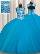 Glamorous Scoop Sleeveless Tulle Ball Gown Prom Dress Beading Lace Up