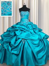 Taffeta Sleeveless Floor Length 15 Quinceanera Dress and Appliques and Pick Ups