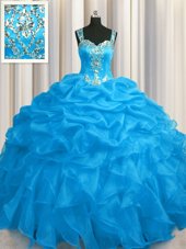 See Through Zipper Up Floor Length Zipper Sweet 16 Quinceanera Dress Blue and In for Military Ball and Sweet 16 and Quinceanera with Appliques and Ruffles