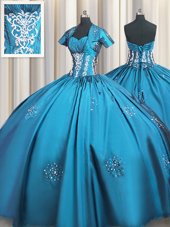 Fashionable Beading and Appliques and Ruching Sweet 16 Dress Teal Lace Up Short Sleeves Floor Length