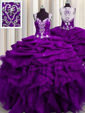 Custom Designed See Through Back Sleeveless Zipper Floor Length Beading and Ruffles and Sequins and Pick Ups 15 Quinceanera Dress