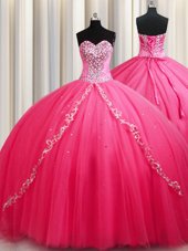 Inexpensive Sweetheart Sleeveless Vestidos de Quinceanera Brush Train Beading Hot Pink Tulle