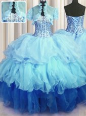 Captivating Strapless Sleeveless Organza Sweet 16 Dresses Appliques and Ruffles and Ruffled Layers Lace Up
