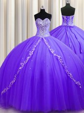 Exquisite Sweetheart Sleeveless 15th Birthday Dress Sweep Train Beading Lavender Tulle