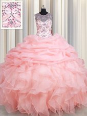 Sexy Scoop See Through Baby Pink Sleeveless Floor Length Beading and Ruffles and Pick Ups Lace Up 15th Birthday Dress