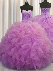 Beauteous Visible Boning Floor Length Pink Vestidos de Quinceanera Tulle Sleeveless Beading and Appliques and Ruffles