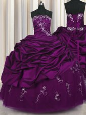Purple Ball Gowns Strapless Sleeveless Taffeta Floor Length Lace Up Beading and Embroidery and Pick Ups Sweet 16 Dresses