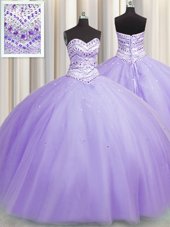 Bling-bling Puffy Skirt Lavender Sleeveless Tulle Lace Up Sweet 16 Dress for Military Ball and Sweet 16 and Quinceanera
