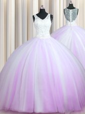 Zipper Up V-neck Sleeveless Tulle Vestidos de Quinceanera Beading Brush Train Zipper