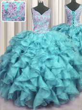 Ruffled Aqua Blue V-neck Lace Up Appliques and Ruffles 15th Birthday Dress Sleeveless