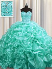 Romantic Organza Sweetheart Sleeveless Court Train Lace Up Beading and Pick Ups Ball Gown Prom Dress in Aqua Blue