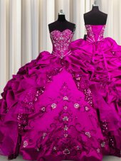 Visible Boning Organza Strapless Sleeveless Lace Up Beading and Ruffles Sweet 16 Quinceanera Dress in Coral Red