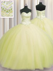 Amazing Bling-bling Puffy Skirt Light Yellow Sleeveless Tulle Lace Up Quinceanera Gown for Military Ball and Sweet 16 and Quinceanera