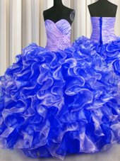 Sweetheart Sleeveless Quinceanera Dresses Floor Length Beading and Ruffles Watermelon Red Organza