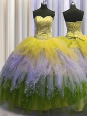 Bling-bling Brush Train Ball Gowns 15 Quinceanera Dress Lavender Sweetheart Organza Sleeveless With Train Lace Up