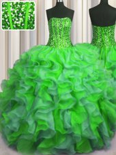 Most Popular See Through Back Sequins Ball Gowns Quince Ball Gowns Green Straps Organza Sleeveless Floor Length Zipper