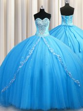 Inexpensive Baby Blue Vestidos de Quinceanera Sweetheart Sleeveless Brush Train Lace Up