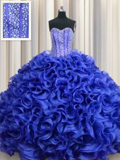 Cute Visible Boning Sweetheart Sleeveless 15 Quinceanera Dress Floor Length Beading and Ruffles Royal Blue Organza