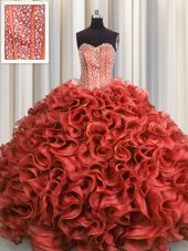 Visible Boning Beading and Ruffles Quinceanera Dress Rust Red Lace Up Sleeveless Floor Length
