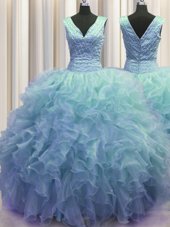 V Neck Zipper Up Sleeveless Organza Floor Length Zipper 15 Quinceanera Dress in Baby Blue for with Ruffles