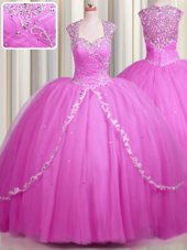 Fantastic See Through Sweetheart Cap Sleeves Quinceanera Dresses With Brush Train Beading and Appliques Hot Pink Tulle