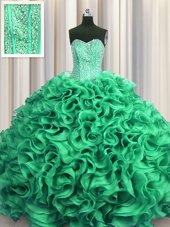 Most Popular Visible Boning Turquoise Ball Gowns Sweetheart Sleeveless Organza Floor Length Lace Up Beading and Ruffles Quinceanera Dresses